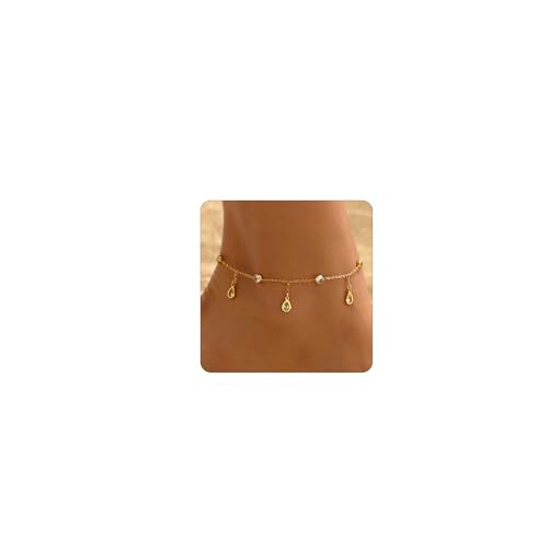 Gold Ankle for Women 18K Gold Plated Tennis Sapphire Paperclip Pearl Sequin Droplet Lip Link Chain Large Anklet Bracelets Simple Beach Summer Waterproof Foot Jewelry - color: Droplet CZ-Gold