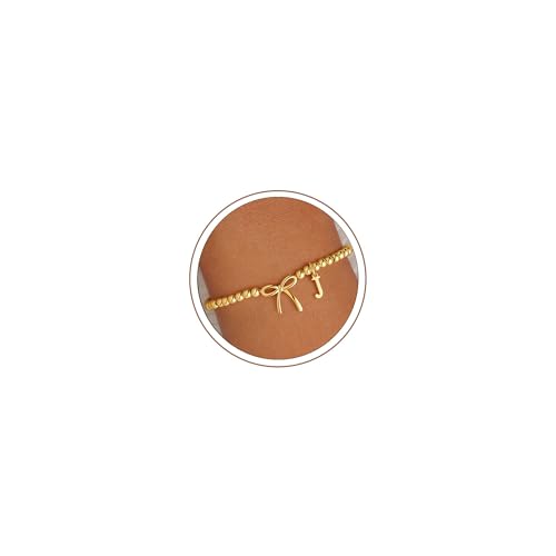 M MOOHAM Bow Initial Bracelets for Women Girls, Letter A-Z Beaded Bracelet | 14K Gold Plated, Bow Bracelets for Girls, Gold Bracelet, Beaded Initial Bracelet, Birthday Gift for Teen Girl Jewelry - color: J