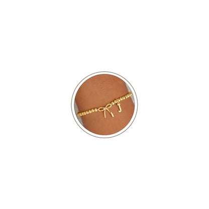 M MOOHAM Bow Initial Bracelets for Women Girls, Letter A-Z Beaded Bracelet | 14K Gold Plated, Bow Bracelets for Girls, Gold Bracelet, Beaded Initial Bracelet, Birthday Gift for Teen Girl Jewelry - color: J