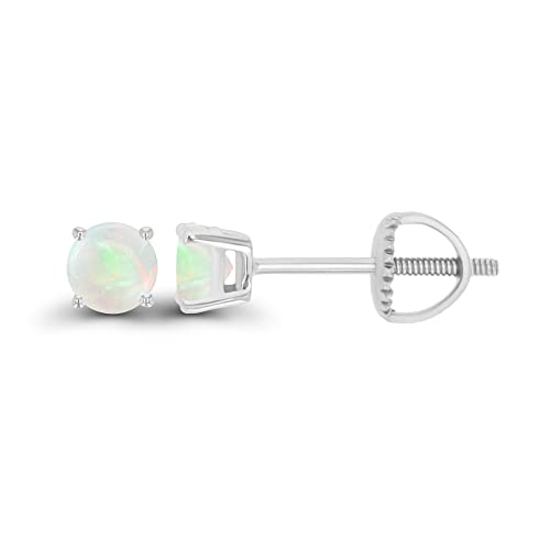 14K Gold Plated 925 Sterling Silver Hypoallergenic 4mm Round Genuine Birthstone Solitaire Screwback Stud Earrings - color: Opal Genuine