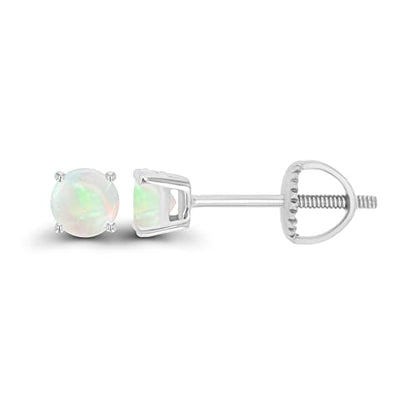 14K Gold Plated 925 Sterling Silver Hypoallergenic 4mm Round Genuine Birthstone Solitaire Screwback Stud Earrings - color: Opal Genuine