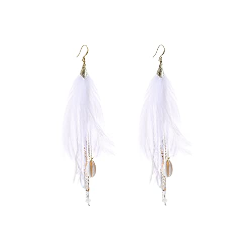 Bohemian Feather Dangle Earrings for Women with Shell Beads Long Tassel Design Drop Earrings - style: Style-Pure White