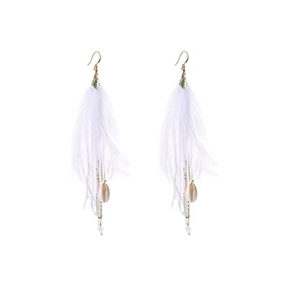 Bohemian Feather Dangle Earrings for Women with Shell Beads Long Tassel Design Drop Earrings - style: Style-Pure White