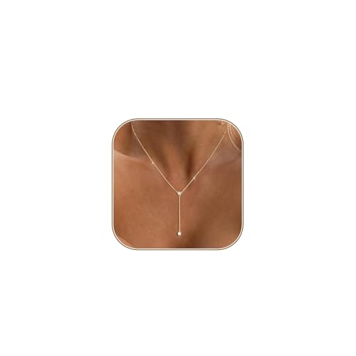 HERIER Lariat Gold Necklace for Women, Dainty Long Necklace 14k Gold Plated/Silver Y-Shaped Layered Beaded Chain Drop Necklaces for Women Trendy Simple Gold Jewelry for Women Gifts - color: Y-CZ-Gold