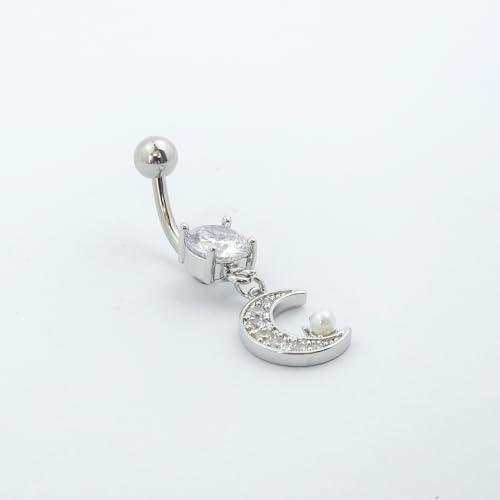 14G Surgical Steel CZ Moon Dangle Belly Button Rings for Women Tiny Faux Pearl Paved Crystal Crescent Moon Dangling Belly Rings Navel Curved Barbell Piercing Jewelry