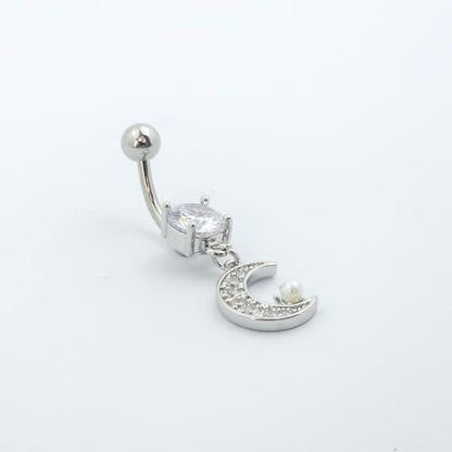 14G Surgical Steel CZ Moon Dangle Belly Button Rings for Women Tiny Faux Pearl Paved Crystal Crescent Moon Dangling Belly Rings Navel Curved Barbell Piercing Jewelry