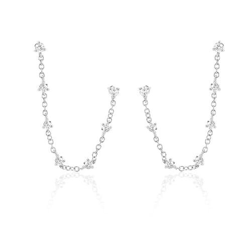 Zircons Stud Earrings For Women Double Studs Chain Tassel Piercing Earring 18K Gold Plated Cartilage Cubic Zirconia Two Hole Wedding Climber Crawler Wrap Earrings Threader Dangle Eternity Gift Mom Bff - color: Silver