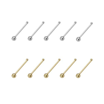10Pcs 24G Stainless Steel Nose Studs Rings for Women Hypoallergenic Nose Piercings Jewelry Straight Bone Nose Rings 5 Gold 5 Silver