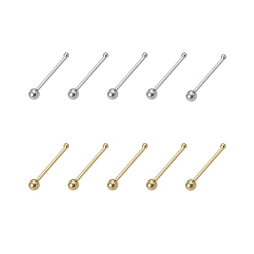 10Pcs 24G Stainless Steel Nose Studs Rings for Women Hypoallergenic Nose Piercings Jewelry Straight Bone Nose Rings 5 Gold 5 Silver