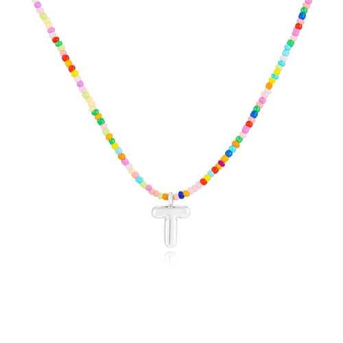 VRIUA Colorful Initial Necklaces for Women – Bubble Letter A-Z Necklace Handmade Beaded Necklace Dainty Initial Necklaces for Girls Kids - Teen Girls Gifts Trendy Jewelry - color: Silver, style: T