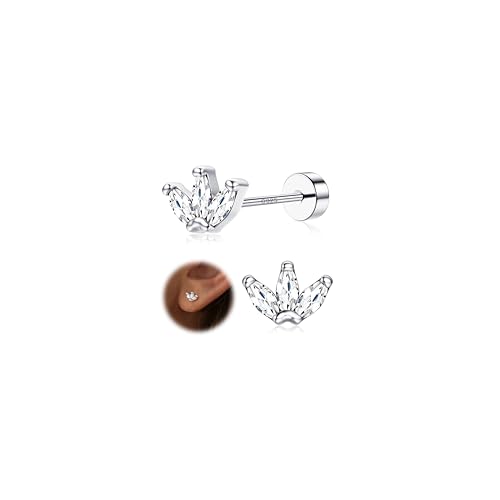 925 Sterling Silver Flat Back Stud Earrings for Women Hypoallergenic | 14K Gold Plated Cartilage Earrings for Sensitive Ears | Leaf Flower CZ Helix Tragus Piercing Jewelry - color: Silver-3cz