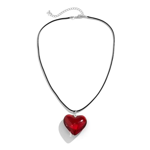 Yocoyee Dainty Colorful Glass Heart Shape Pendant Necklace Stainless Steel Link Rope Chian Love Heart Charms Pendant Necklace Y2K Trendy Jewelry Accessories for Women Jewelry - color: Red Rope