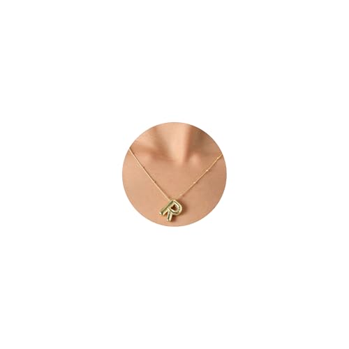 Gold Bubble Initial Necklace for Women Balloon Letter Necklace 18K Gold Plated Dainty Alphabet Pendant Puffy Name Personal Necklace - color: R