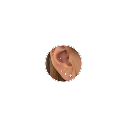 16G/18G/20G Tiny CZ Stud Earrings, Gold Flat Back Earrings, Threadless Cartilage Tragus Piercing Conch Stud Nose Helix Stud - color: CZ -Silver, size: 16 gauge (1.2mm post)