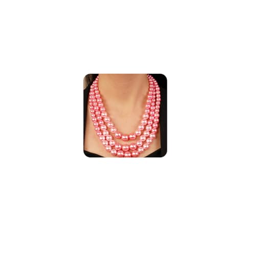 Vintage 1920s Large Collar Choker Necklace & Earring Set - Simulated Pearl Statement & Multi Strand Chunky Pearls Costume Jewelry for Wedding or Special Occasion - color: Pink