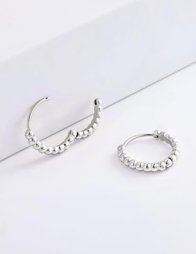 Fiusem 14K Gold Plated Huggie Hoop Earrings for Women | 8/10/12 Hypoallergenic Small Twisted beaded Huggie Earrings - color: Silver Bead, size: 10MM