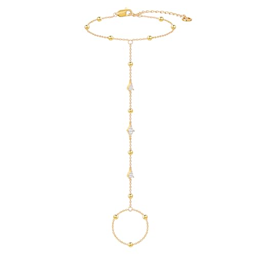 Cicy Bell Hand Chain Bracelets for Women 18K Gold Plated | Layered Stackable Dainty Ring Bracelets, Adjustable Satellite Bead Dot Link Finger Bracelets - color: Style E-Gold