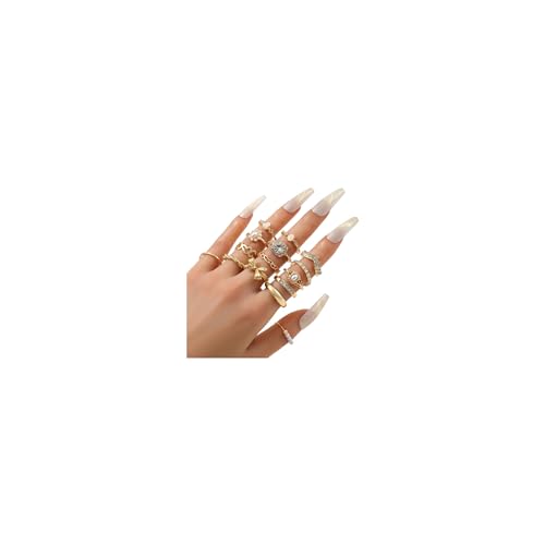 Chunky Gold Rings for Women Non Tarnish, Baroque Pearl Flower Tiger's Eye Stone Rings Adjustable Stacking Statement Rings Set Fashion Jewelry Gifts - style: Diamond/Gemstone/Pearl_Inlay