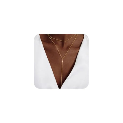 LULII Gold Necklace for Women Trendy Lariat Y Necklace Dainty 14k Gold Plated/Silver Long Necklaces for Women Layered Beaded Drop Necklaces Simple Y-Shaped Chain Jewelry Gifts - color: Y Small Layered Necklace-Gold
