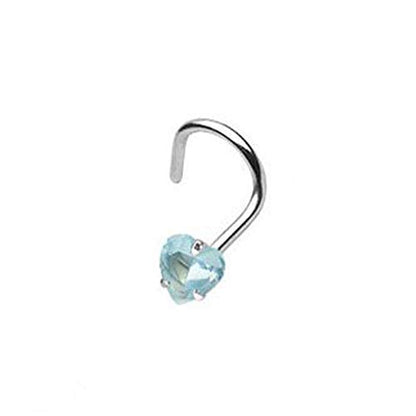 BodyJewelryOnline 316L Surgical Steel 18G Screw Nose Stud Ring Prong Set 3mm Heart Shaped CZ Nose Screw Nostril Piercing Jewelry 1/4 Inch (6mm) - color: Light Blue