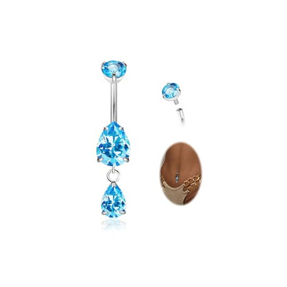 14G G23 Pure Titanium Dangle Belly Button Ring for Women Dangling CZ Navel Ring Teardrop Curved Barbell Belly Rings Internally Threaded Belly Piercing Jewelry - color: Blue