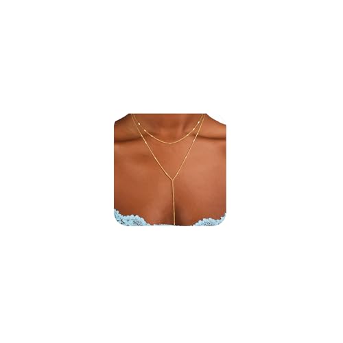 CAROVO Gold Necklace for Women Dainty Long Necklace 14K Gold/Silver Lariat Y-Shaped Pendant Necklaces Trendy Layered Lip Cubic Zirconia Beaded Chain Drop Necklaces Jewelry for Women Gifts - color: Gold, style: C: Gold Layered Y Necklace-437