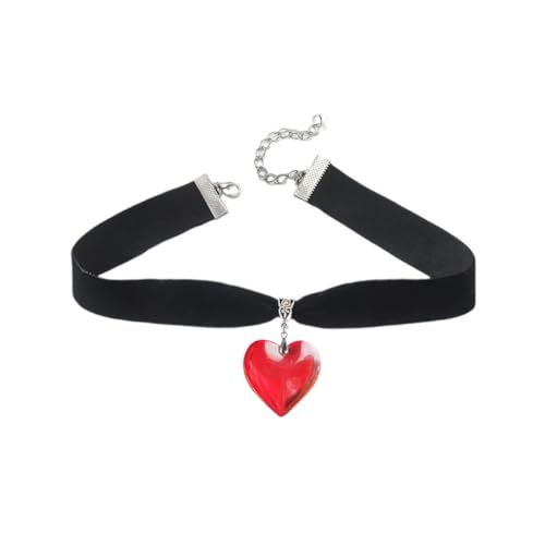 Puffy Heart Necklace for Women Crystal Heart Chunky Necklace Pendant Black Velvet Choker Necklace Christmas Jewelry Gift - color: Red