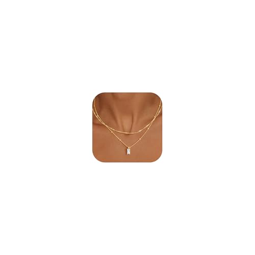 Yoosteel Layered 14K-Gold-Plated Necklace for Women,CZ Necklaces Stack | Dainty Cubic Zirconia Pendant Necklace,Simple Chain Choker Stackable,Trendy Jewelry,Wedding Bridesmaid Gifts - color: Layered Rectangle CZ