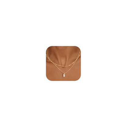 Yoosteel Layered 14K-Gold-Plated Necklace for Women,CZ Necklaces Stack | Dainty Cubic Zirconia Pendant Necklace,Simple Chain Choker Stackable,Trendy Jewelry,Wedding Bridesmaid Gifts - color: Layered Rectangle CZ