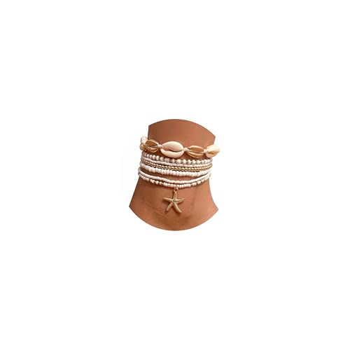 Qceasiy Starfish Ankle Bracelets for Women, Boho Beaded Beach Anklets Set | Gold-plated layered anklets in seashell, disc, and conch styles, with stretch or adjustable fits for summer beach outfits. - color: Gold 4