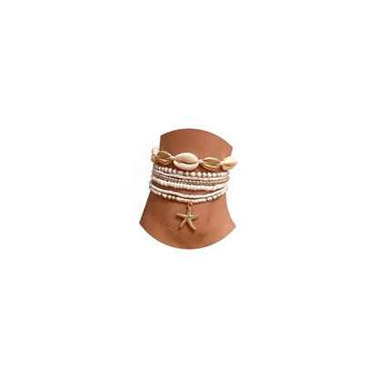 Qceasiy Starfish Ankle Bracelets for Women, Boho Beaded Beach Anklets Set | Gold-plated layered anklets in seashell, disc, and conch styles, with stretch or adjustable fits for summer beach outfits. - color: Gold 4