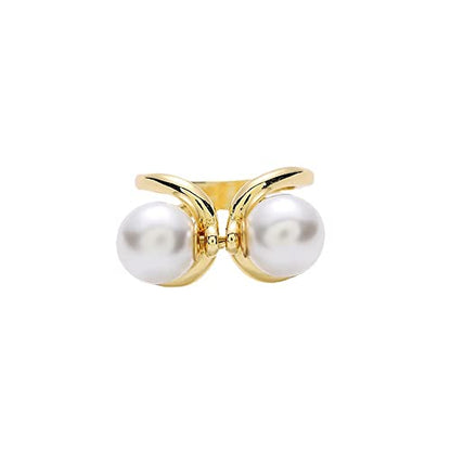 Double Pearls Silk Scarf Ring Clip Brooch for Women Girls 10mm Artificial Shell Pearl Butterfly Bowknot Shawl Scarves Statement Finger Rings Size 8 Dainty Mother's Birthday Wedding Party Jewelry Gift - color: Gold