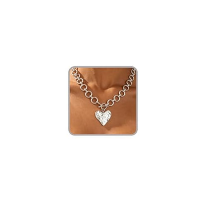 Sora Tuki Gold Chunky Necklace for Women Trendy Big Silver Statement Necklace Large Heart Hollow Square Necklaces Bold Thick Chain OT Toggle Necklaces Boho Chunky Jewelry - color: Style 1 - Silver-Heart