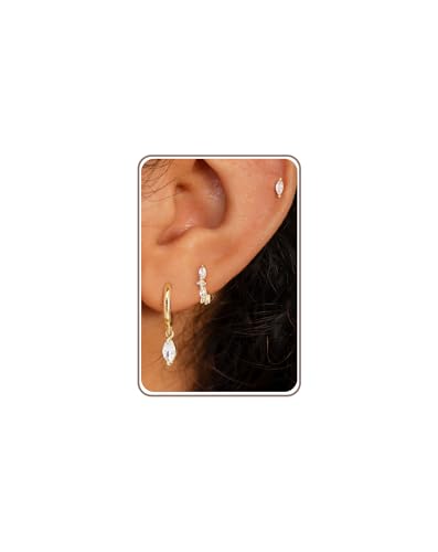 3 Pairs Earring Stacks, Gold Earring Set Jewelry Gift for Women | Small, 14K Gold/White Gold/Black/Rose Gold Plated, Hypoallergenic, Her, Everday, Stackable, Simple, 3 Holes - color: Gold-Marquise