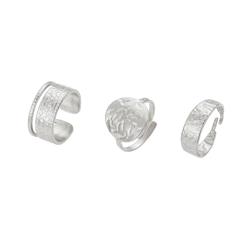 3Pcs Gold Chunky Hammered Geometric Open Ring Set for Women,Boho Retro Textured Stackable Band Statement Rings Modern Minimalist Jewelry Gifts - color: Silver