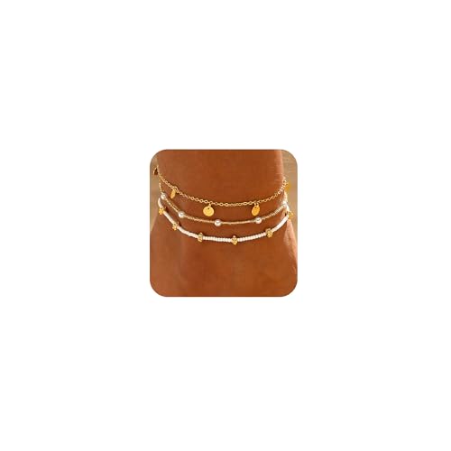 ASCOMY Ankle Bracelets for Women 14K Gold/Silver Plated Anklets for Women Waterproof Layered Cute Beads Dot Shining Twist Rope Chain Pearl Bar Link Heart Anklets Summer Beach Foot Chain Jewelry Gifts - style: 3Layered Millet Bead-GD