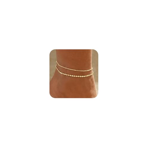 Gold Ankle Bracelets for women,14k Gold/Silver Plated Waterproof Layered lightweight Bow Beaded Twisted Chain Cross Butterfly Satellite Ankle Bracelets Set Gold Anklets for women Trendy Summer Beach Jewelry Gift for Women - style: 2 anklets dot flat oval-