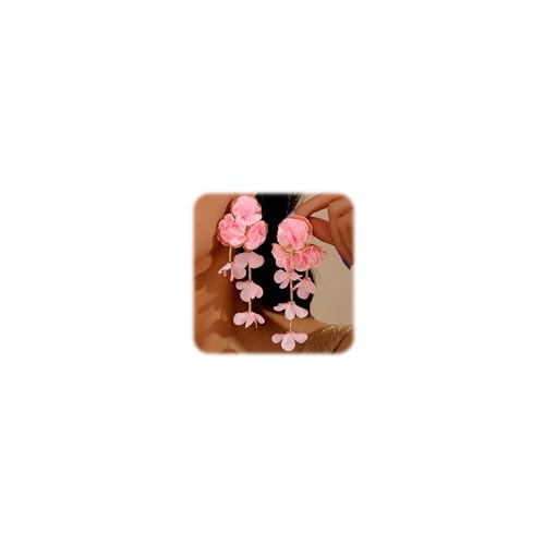 Fabric Flower Earrings for Women Colorful Long Tassel Floral Drop Earrings Fashion Boho Exaggerated Statement Beach Party Jewelry - color: pink