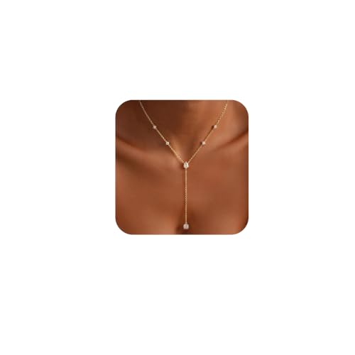 Long Gold Necklace for Women Dainty Layered Lariat Necklace | 14k Gold Plated Clover Teardrop CZ Y Shaped Drop Necklaces Cute Long Necklace for Women Trendy Prom Formal Womens Jewelry - color: Teardrop CZ y necklace