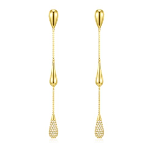 Dangle Earrings for Women, 14K Gold Plated Long Tassel Zircon CZ Huggie Drop Earrings, Trendy Long Chain Earrings for Wedding Party Prom Jewelry Gift - style: Teardrop CZ