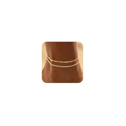 Gold Anklets for Women Waterproof, 14K Gold Plated Cuban Link Twist Figaro Beaded Stackable Anklet Bracelets Minimalist Daily Jewelry Gifts Non Tarnish Lightweight