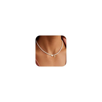Turandoss Pearl Initial Necklaces for Women Trendy, Dainty 14K Gold Plated Heart Initial Pearl Pendent Necklace Bridesmaid Proposal Jewelry Personalized Gifts for Women Girls - color: S-1