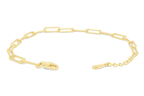 7" Length +1" Adjustable Paper Clip Chain Bracelet for Women | 14K Gold Over Sterling Silver Plain Jewelry - color: yellow-gold-plated-silver