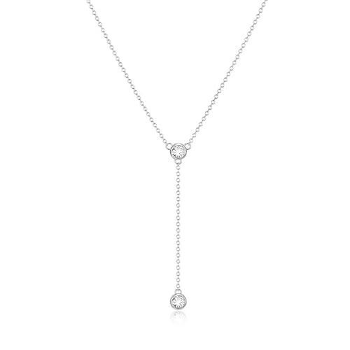 Zeffy Lariat Gold Necklace for Women, Dainty Long Necklace 14k Gold/Silver Plated Layered CZ Beaded Bar Chain Y-Shaped Body Chain Stack Drop Wedding Necklace Trendy Simple Gold Jewelry Gifts - color: Silver Two CZ Y Necklace (1PCS)