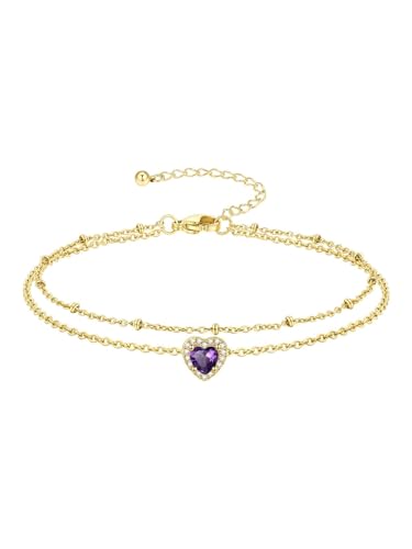 Richsteel Double Layer Heart/Butterfly Birthstone Anklet for Women | Non Tarnish Waterproof, Silver/Gold/Black Stainless Steel 8.5-10.5 Inch Adjustable Chain Anklets Summer Beach Foot Jewelry - color: Gold Heart-02 Feb.(Amethyst)