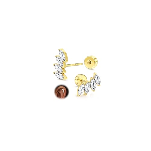 925 Sterling Silver Flat Back Stud Earrings for Women Hypoallergenic | 14K Gold Plated Cartilage Earrings for Sensitive Ears | Leaf Flower CZ Helix Tragus Piercing Jewelry - color: Gold-4cz