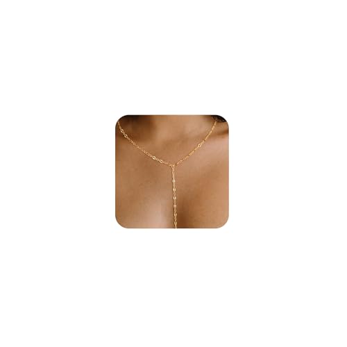 Lariat Gold Necklace for Women,14K Gold Plated Y-Shaped Chain Minimalist Long Necklaces Dainty Simple Drop Chain Necklace Beach Jewelry Gift for Her