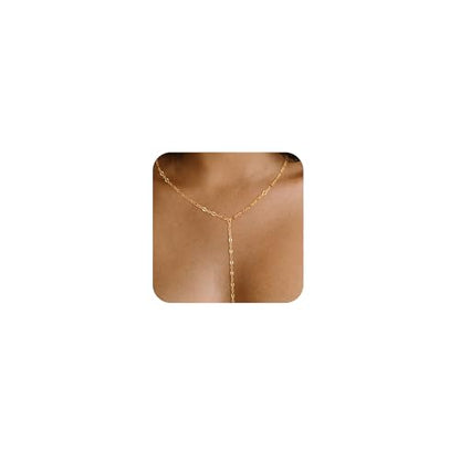Lariat Gold Necklace for Women,14K Gold Plated Y-Shaped Chain Minimalist Long Necklaces Dainty Simple Drop Chain Necklace Beach Jewelry Gift for Her