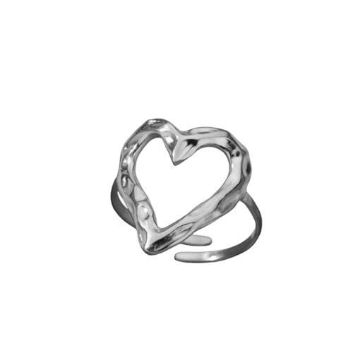 Chunky Gold Heart Statement Ring for Women Silver Big Hollow Heart Statement Ring Minimalist Open Adjustable Big Heart Ring Trendy Jewelry Gift for Women - color: Silver