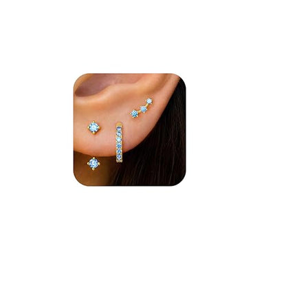3 Pairs Dainty Small Earrings Set for Women Trendy, Birthstone Stud Huggie Hoop Jacket Stack for Cartilage Helix, Gold Plated Hypoallergenic Cute Women Fashion Accessories Western Jewelry Gifts - color: 03Blue Created Aquamarine-Mar (Gold)